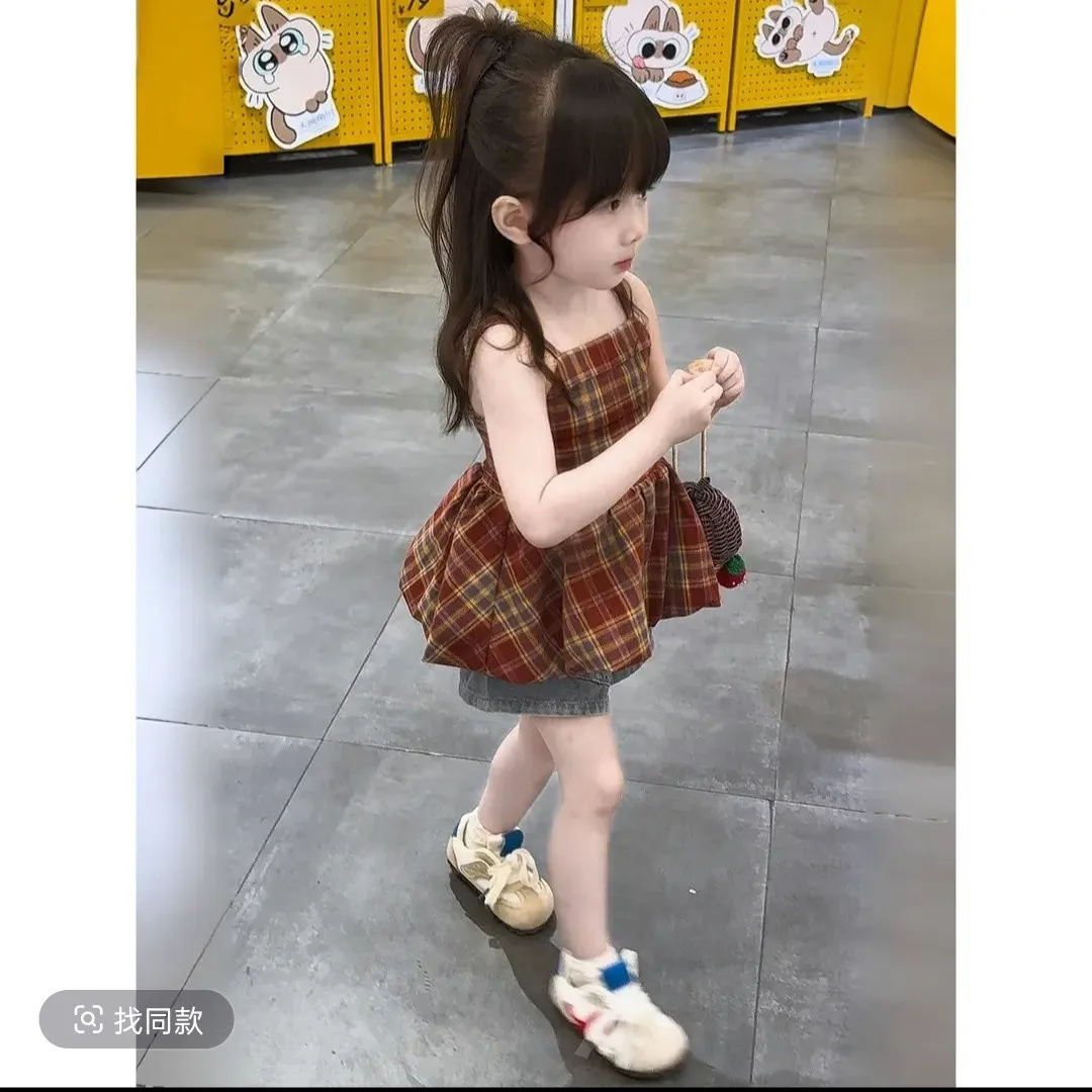 Girls Summer Set Fashion Checkered Vest Top And Denim Shorts Two-Piece Set Children's Outfit