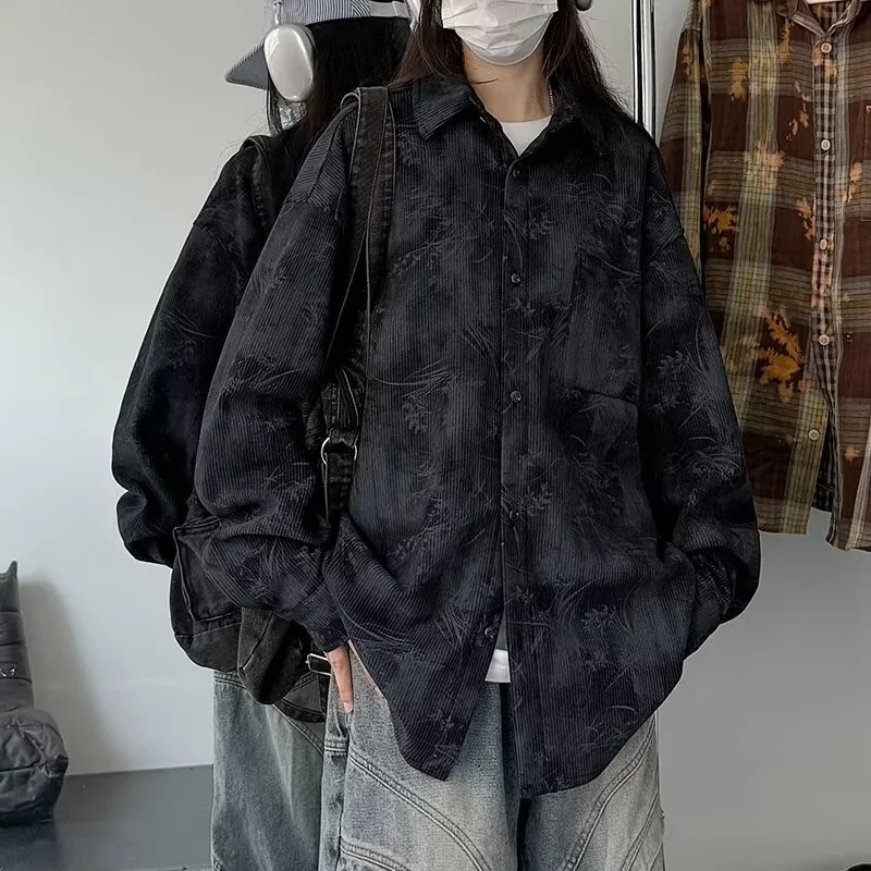 Camisas de manga larga de pana Jacquard para hombre, camisa estampada informal Vintage 2025, Y2K, moda Hip Hop, camisa masculina con botones, primavera