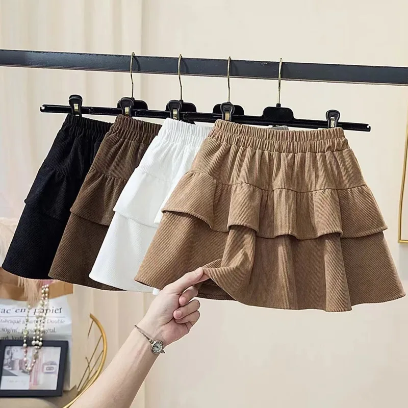 Vintage Solid High Waist Slimming Cake Skirt Autumn Winter Korean Fashion Short Elastic Corduroy A-line Skirt Woman 2024 Trend