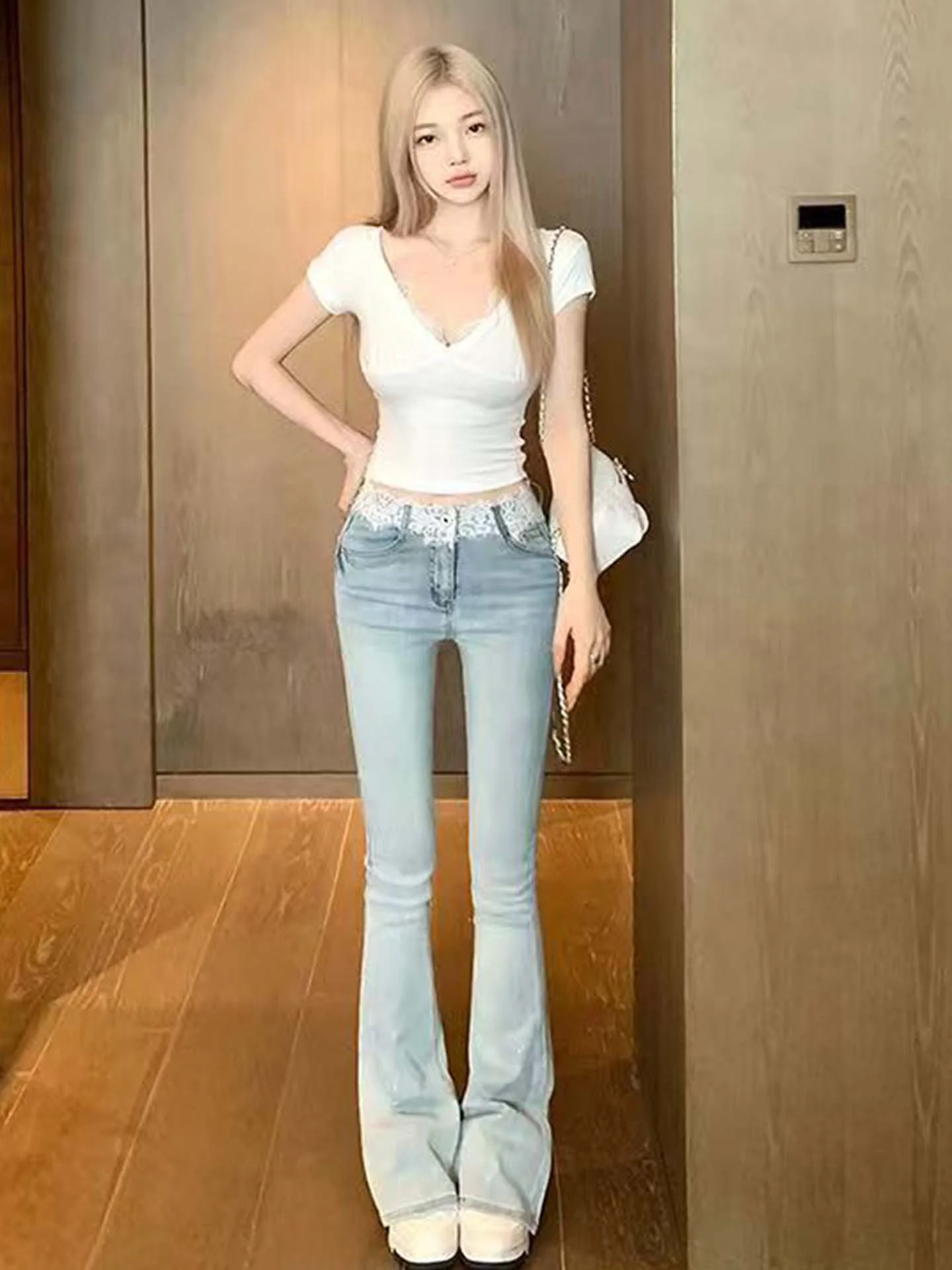 Extended Length Bell Bottom Jeans Low Waist Women's Elastic Sparkle Slim Fit Wide Leg Pants Casual Style Water Washed Denim