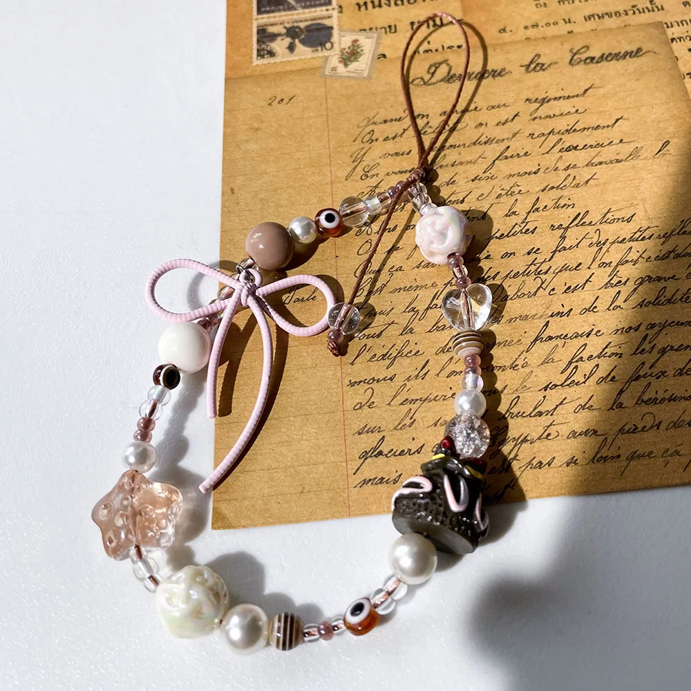 Brown Phone Charm Strap Chocolate Cake Cute Pink Alloy Bow Glass Star Pearl Bead Autumn Jewelry for Keychain Camera Wallet Decor