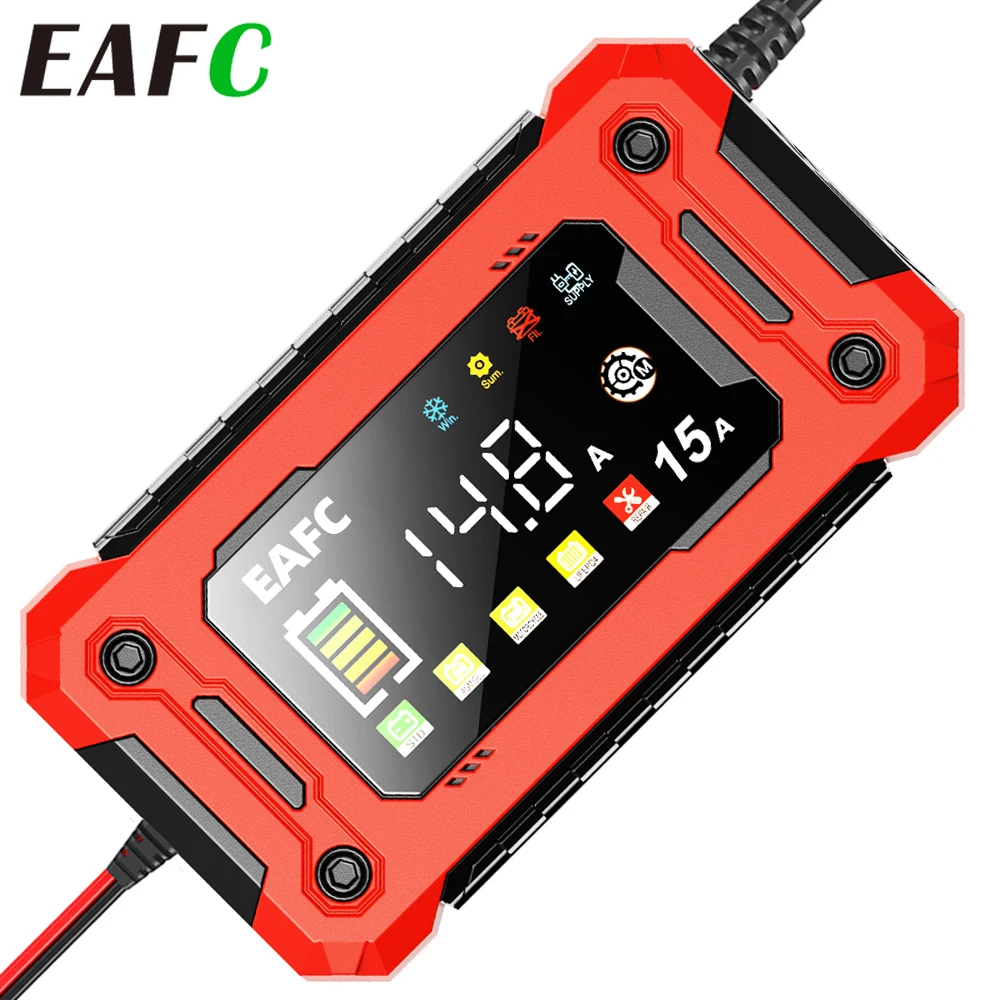Inteligentna ładowarka samochodowa 12V 15A/8A z dużym wyświetlaczem LCD, kompatybilna z akumulatorami litowymi, AGM, kwasowo-ołowiowymi i żelowymi, do samochodów osobowych, motocykli i SUV-ów.