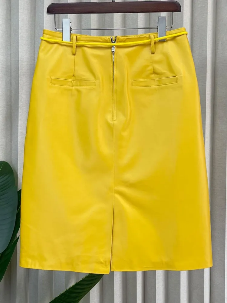 Leisure Ladies High Waist Fashion Genuine Leather Slim Short Skirt Solid Color Sheepskin Drawstring Zipper A Line Skirts