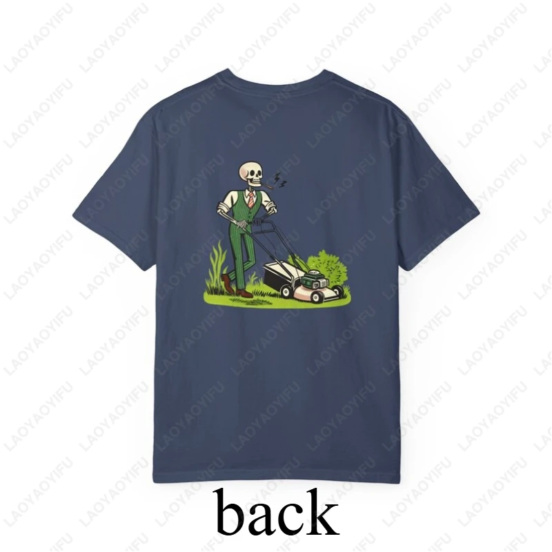 Dad Skeleton Lawn Mowing Graphic Back Print Tees Men Women High Quality Cotton Tshirt Creative Funny Casual Summer Clothes Gifts