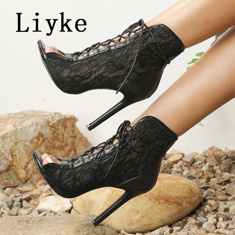 Liyke Cozy Breathable Mesh Ankle Boots Sandals Sexy Peep Toe Hollow Out Cross Strap High Heels Pole Dance Shoes Women Booties