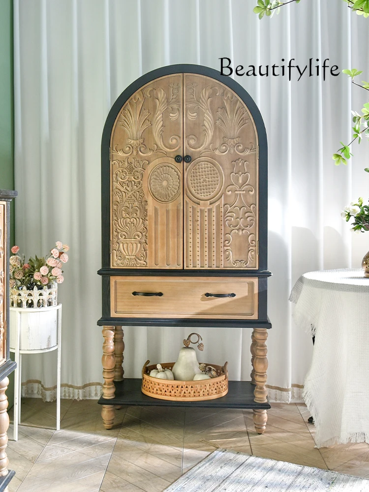 Country Style Vintage Engraving Living Room Entrance Display Combination Storage Bookcase Dining Side Curio Cabinet