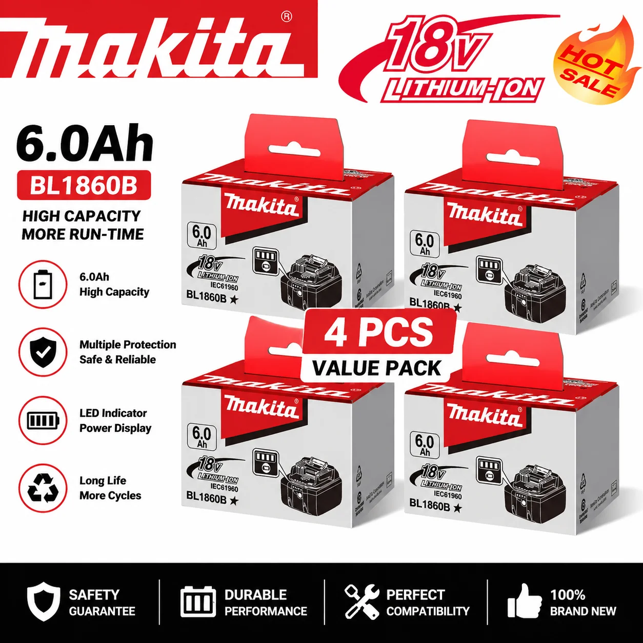 Makita 18V 6.0Ah Lithium-Ion Battery BL1860B  BL1850B BL1840B High Capacity Long-Lasting Power Tool Compatible LXT