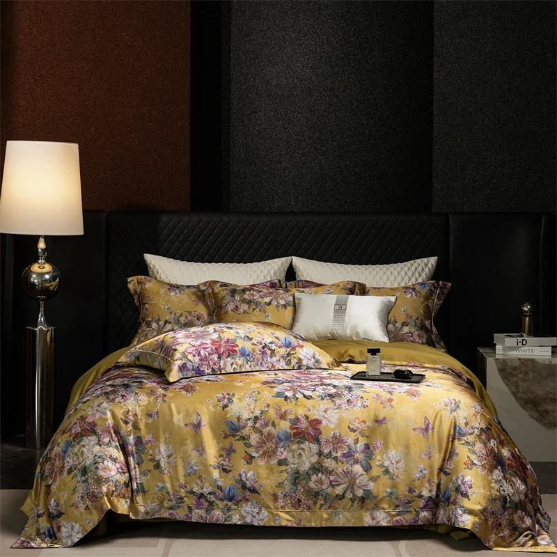 Luxury Blooming Flowers Satin Jacquard 1000TC Egyptian Cotton Bedding Set Duvet Cover Bed Sheet/Fitted Bed Sheet Pillowcase 4Pcs