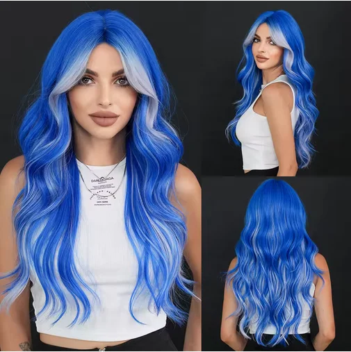 Layered Wig Synthetic light Blue Wig for Women Cosplay Highlight dyeing Blue Wavy Wigs with Fluffy Bangs Resistant Fiber