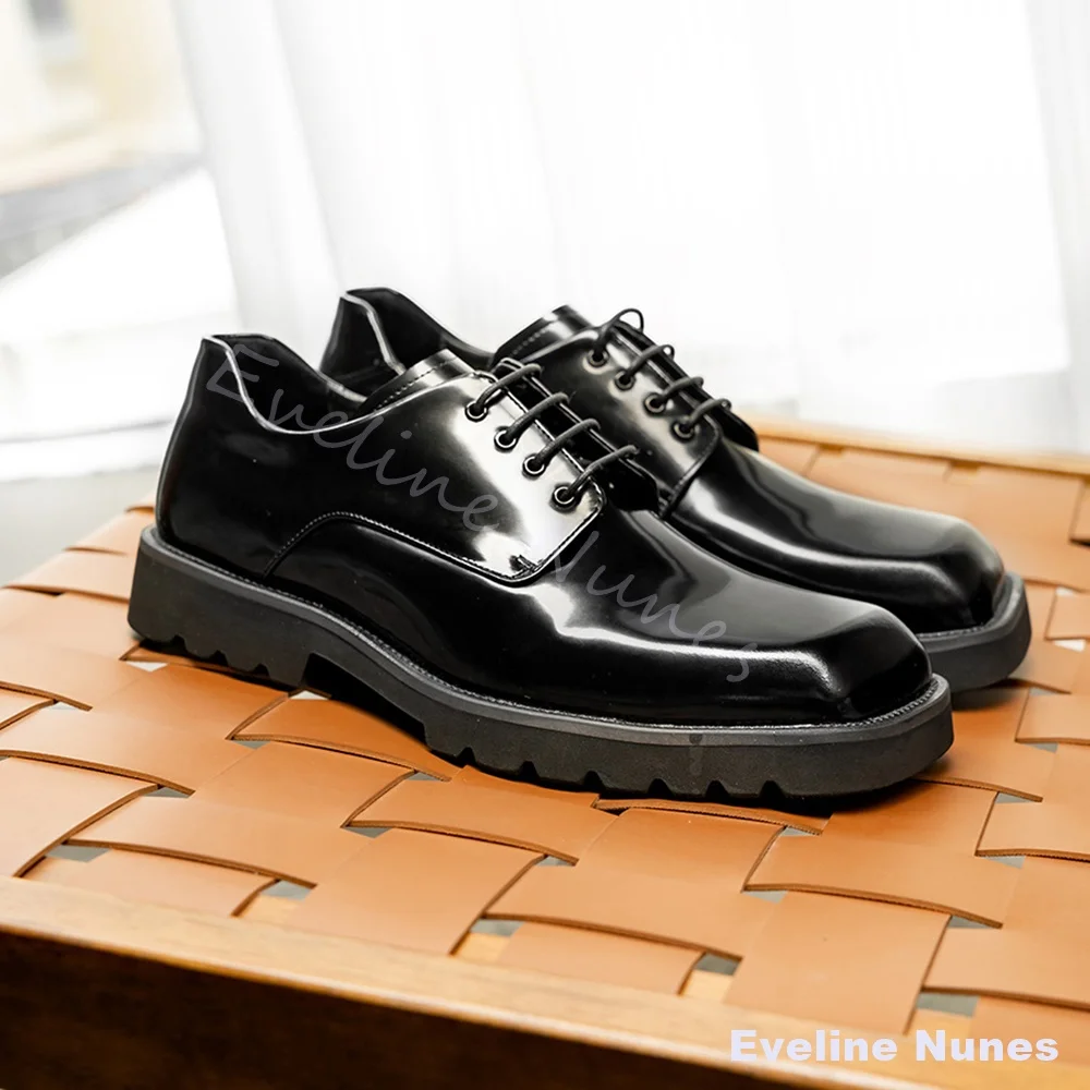 Patent Leather Square Toe Derby Shoes Men Vintage Trend Lace Up Thick Platform Formal Business Shoes Black Brown Wedding Dress