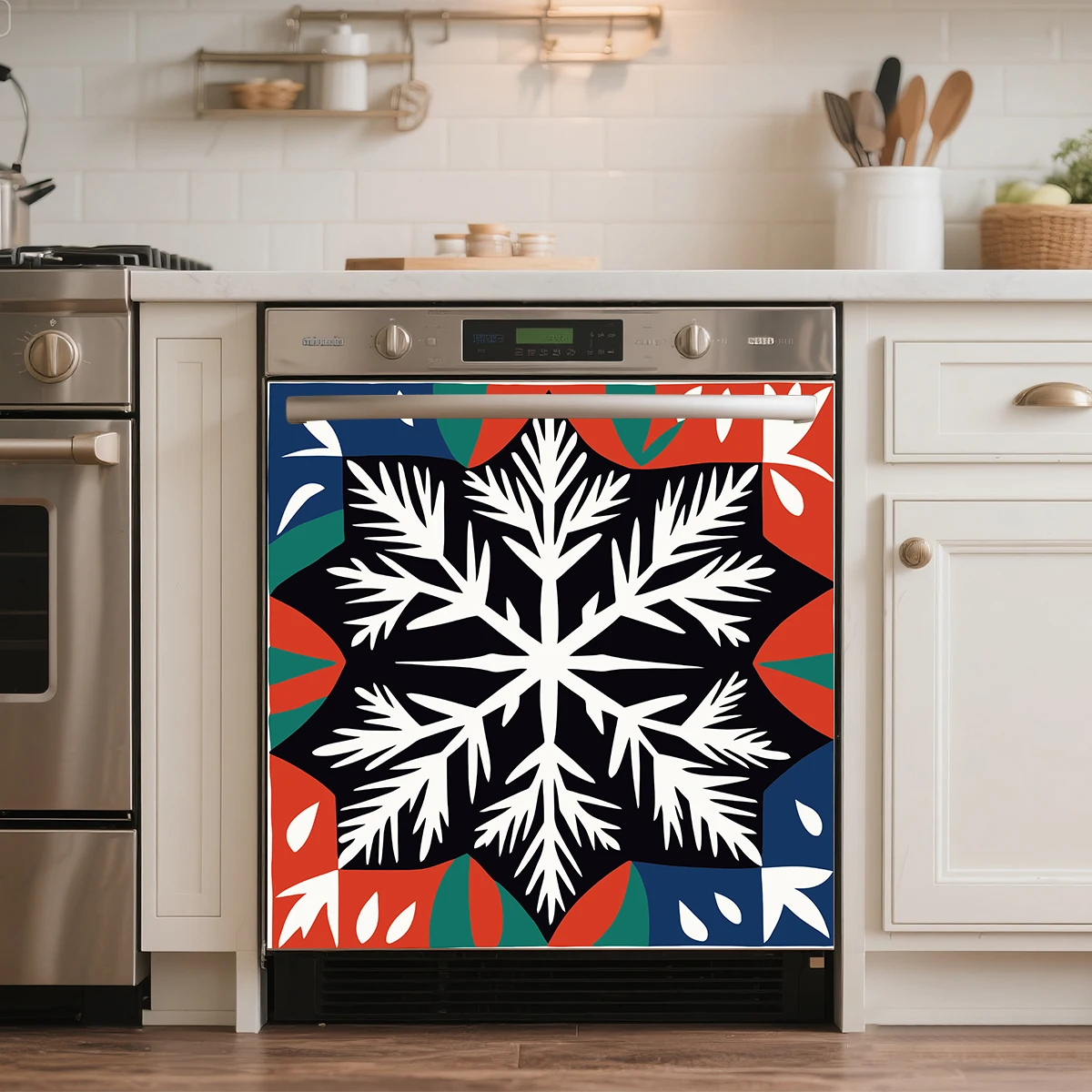 Linocut Christmas Tree Dishwasher Door Sticker Itchen Decor Cover for Dishwasher Washing Machine Flat Cabinet Surface Crafts