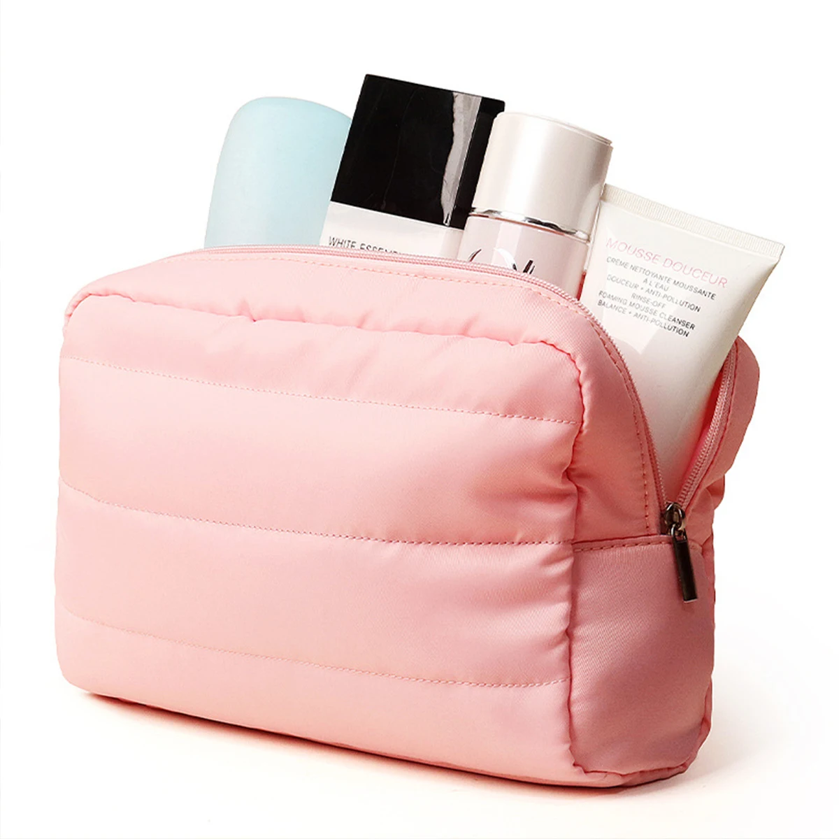Nylon gewatteerde make-uptas, draagbare opbergtas met borduurgaren, multifunctionele toilettas met ritssluiting