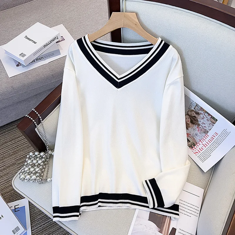 170Kg Plus Size Women\'s Bust 160 Spring Autumn Loose Pullover V-neck Underlay Sweater Stripe Knit 5XL 6XL 7XL 8XL 9XL 10XL