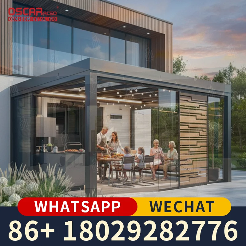 Outdoor Motorized Retractable Awning with LED Lighting Electrical Dimmable Aluminum Pergola System pergola
