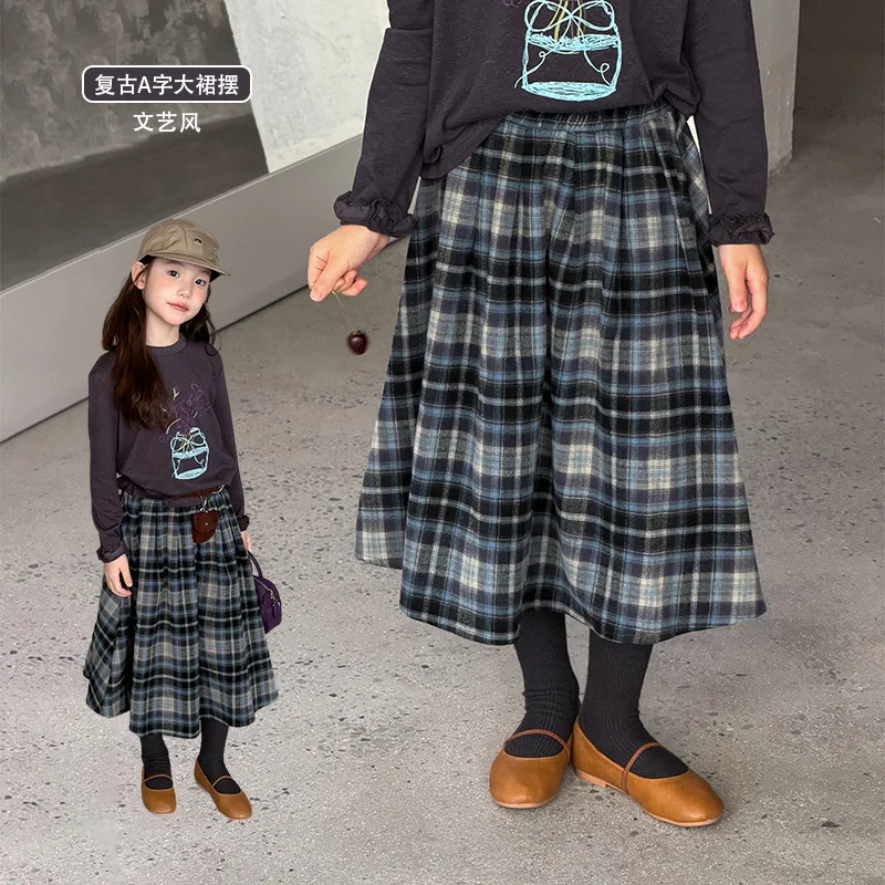 Girls Brushed Checkered Skirt Children's Korean Style Literary and Artistic Style Vintage A-line Checkered Long Skirt