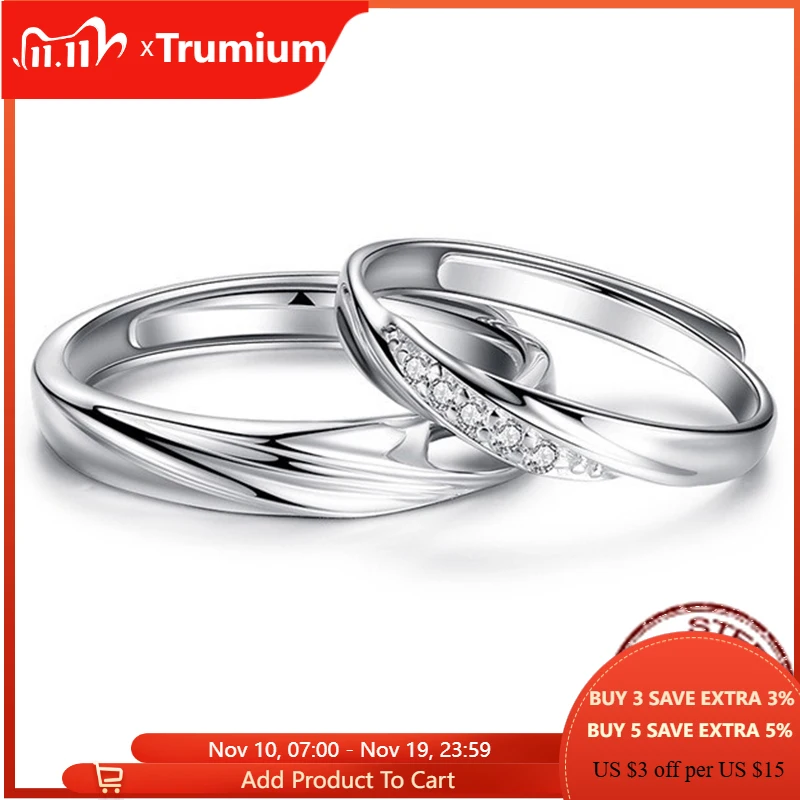 

Trumium A Pair S925 Silver Men Women for Rings Endless Love Adjustable Cubic Zirconia Wedding Promise Couples Ring