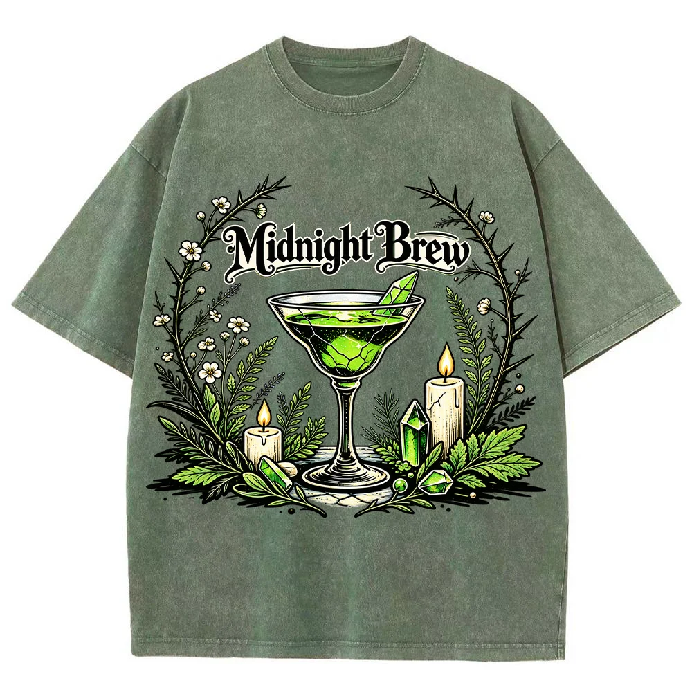 Womens Gothic Midnight Brew Graphic T Shirt Vintage Witchy Cocktail Print Casual Short Sleeve Tee Halloween Party Summer Top