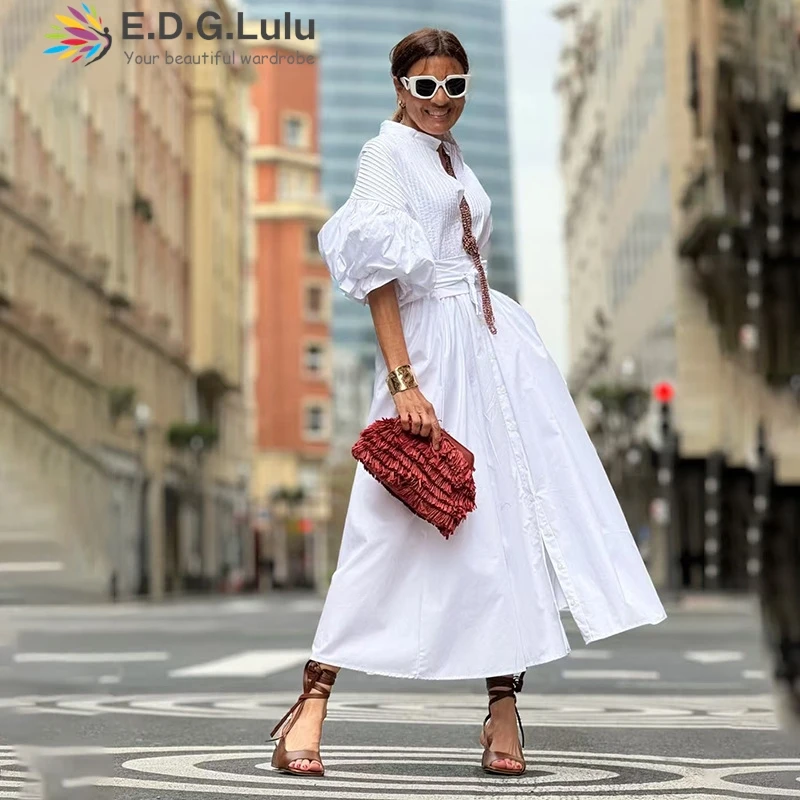 EDGLuLu 스탠드 칼라 퍼프 슬리브 블랙 드레스 여성 싱글 브레스트 플리츠 셔츠 드레스 패션 스트리트 롱 드레스 + 벨트 0902