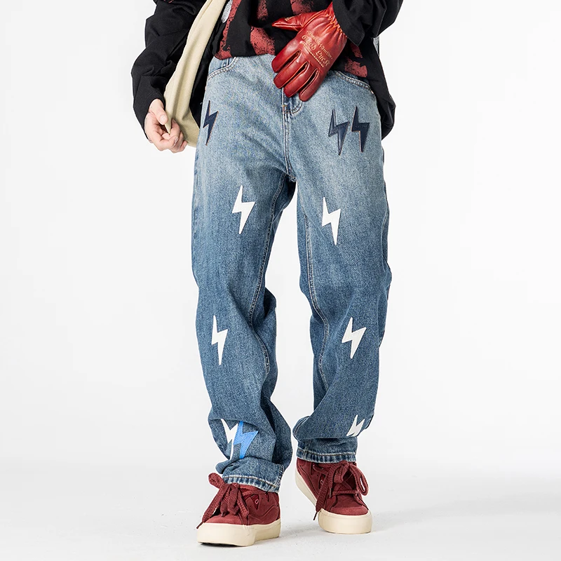 Men's American High Street Fashion Hip Hop Loose Casual Plus Size Denim Baggy Jeans Pants Cityboy Streetwear Jeans Trousers