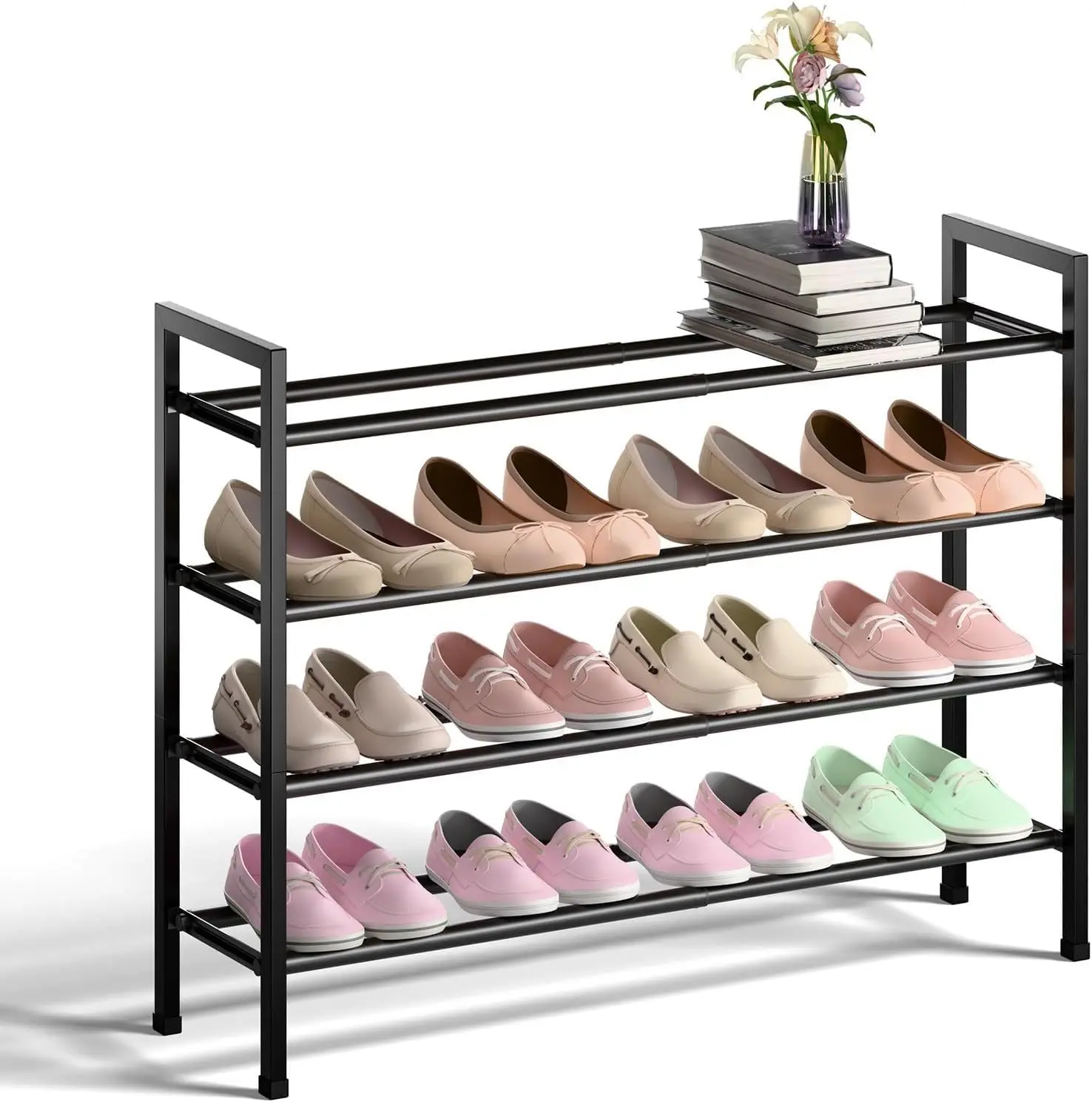 

4-Tier Expandable Shoe Rack for Closet, 18“-33” Adjustable Shoe Rack for Small Space, Small Shoe Organizer for Front Door,Black