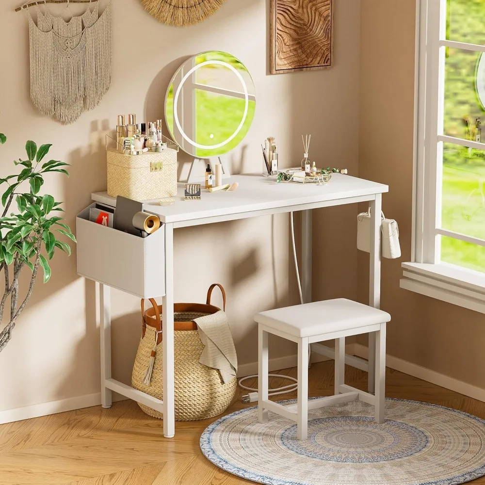 Small Vanity Desk with Mirror and Lights - Makeup Mini Girls Vanity Set Table with Chair, Power Outlet