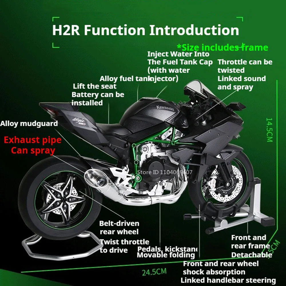 1:9 Schaal H2R Motorfiets Model Speelgoed Auto Legering Lichaam Ontstekende Start Spray Motor Modellen Schokabsorptie Voertuigen voor Jongens Speelgoed