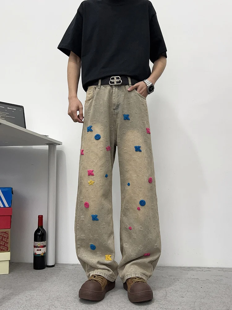 Calças Jeans Unissex de Perna Reta Solta Estilo High Street, Cor Amarelo Lama Lavado, com Bordado em Toalha, Calças de Perna ...