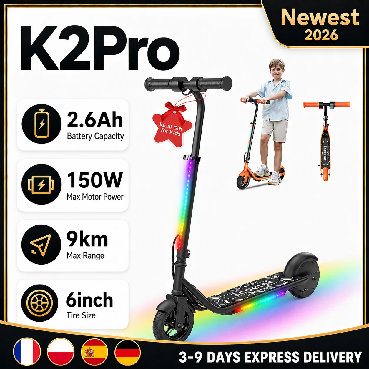 Monopattino Elettrico per Bambini IScooter K2Pro, Motore da 150W, Batteria da 18V, E-Scooter Pieghevole da 6 Pollici, Manubrio Regolabile in 3 Altezze, Regalo per il Trasporto nel Bagagliaio