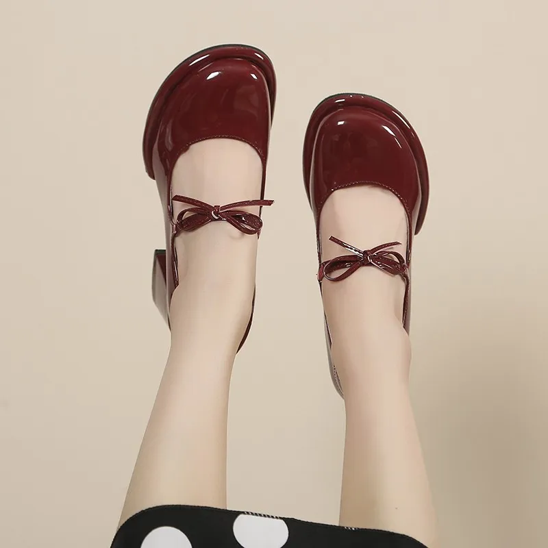 2024 Summer Good Quality Sweet Burgundy Mary Janes Pumps Women Chunky High Heeled Shoes Footwear red heels ladies shoes