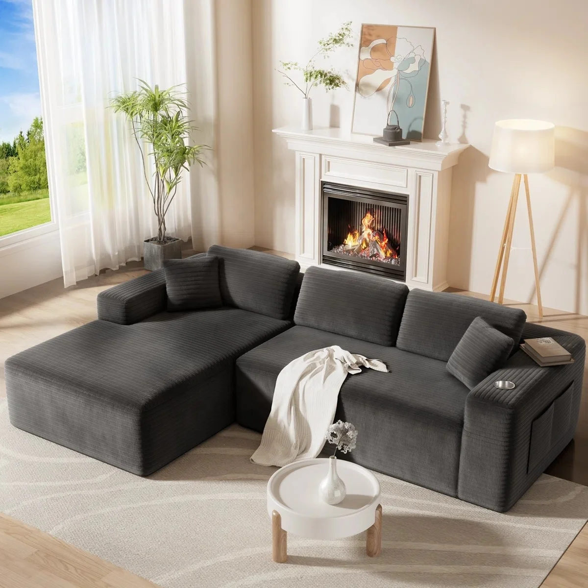 #Cloud Modular Sectional Sofa With Chaise, Deep Seat Corduroy Boneless Couches With 4 Storage Pockets & Tray, Left Hand Chaise