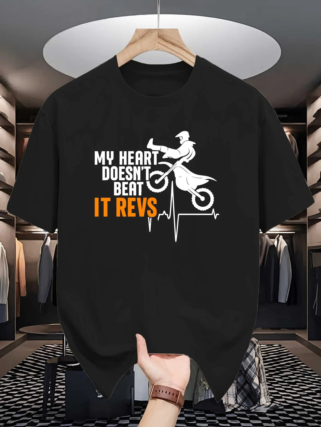 Mens Crew Neck T Shirt My Heart Does Not Beat It Revs Motocross Graphic Tee Casual Tops Dirt Bike Fans Summer Daily Outfit Gift