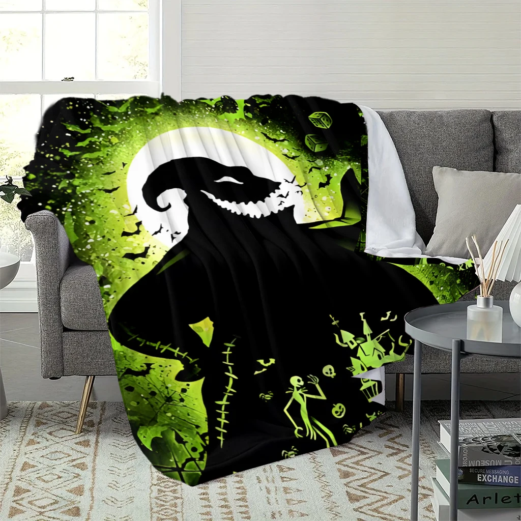 Horror Halloween Throw Blanket, Green Black Silhouette Ghost Figure Bat Moon Castle Print Non‑Lighting Flannel Blanket for Home