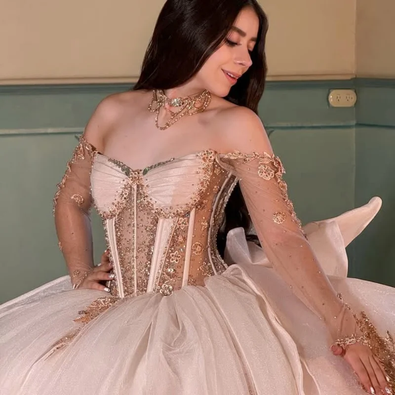 

Light Color Quinceanera Dress crystal glitter flower Decal Long tail Lace layering Bow Vestidos De 15 Quinceanera ﻿Customize