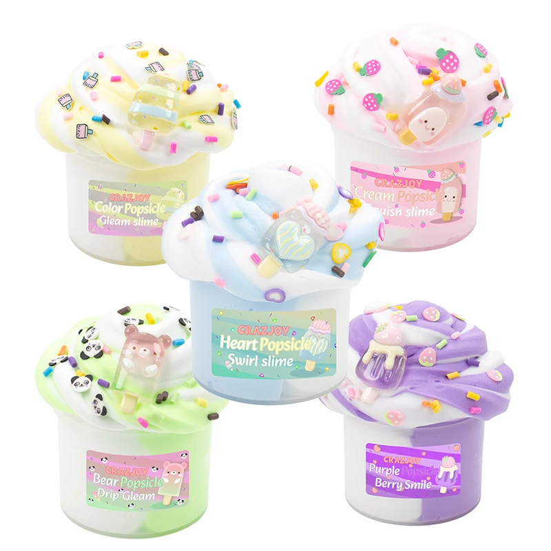 5-teiliges, dehnbares, zweifarbiges Butter-Schleim-Set, duftend, zum Selbermachen, flauschig, superweich, mit Eis am Stiel, Charms, Schleim für Kinder, Geschenkspielzeug