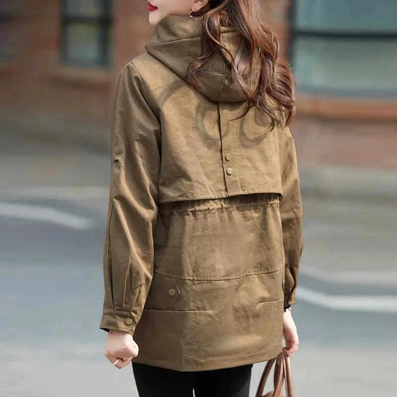 2024 New Spring Autumn Coat Women\'s Brown Black Jackets Loose Jacket Outerwear Fashion Hooded Pocket Overcoat Parka Female