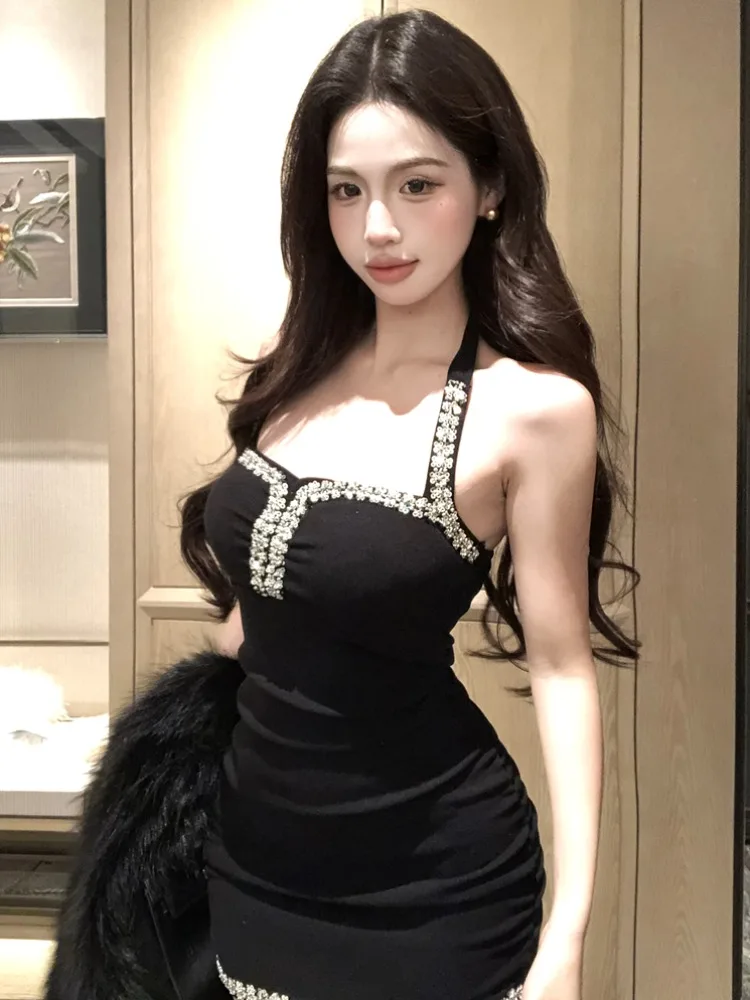 

Handmade Beaded Halter Neck Short Dress Women's Summer New Style One Shoulder Bridesmaid Dress Korean Style Slim Fit High Waist