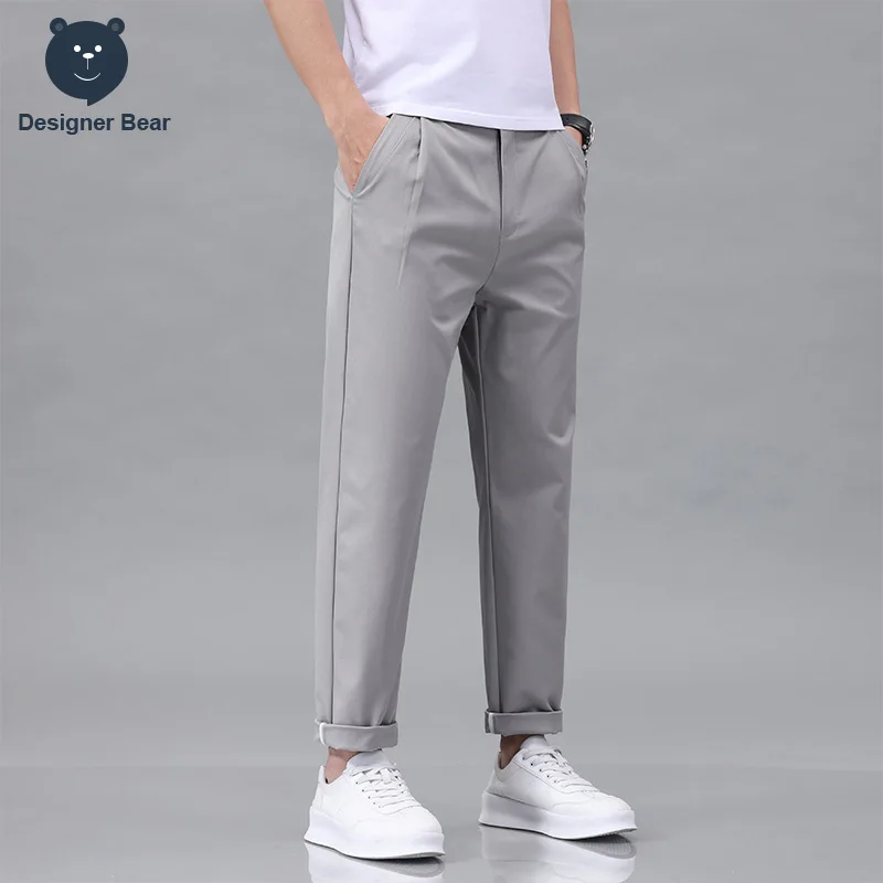Brand Clothing Spring Summer Men's Casual Ankle Length Pants Baggy Straight Suit Trousers Ribbon Design Trendy Tapered Pants Man