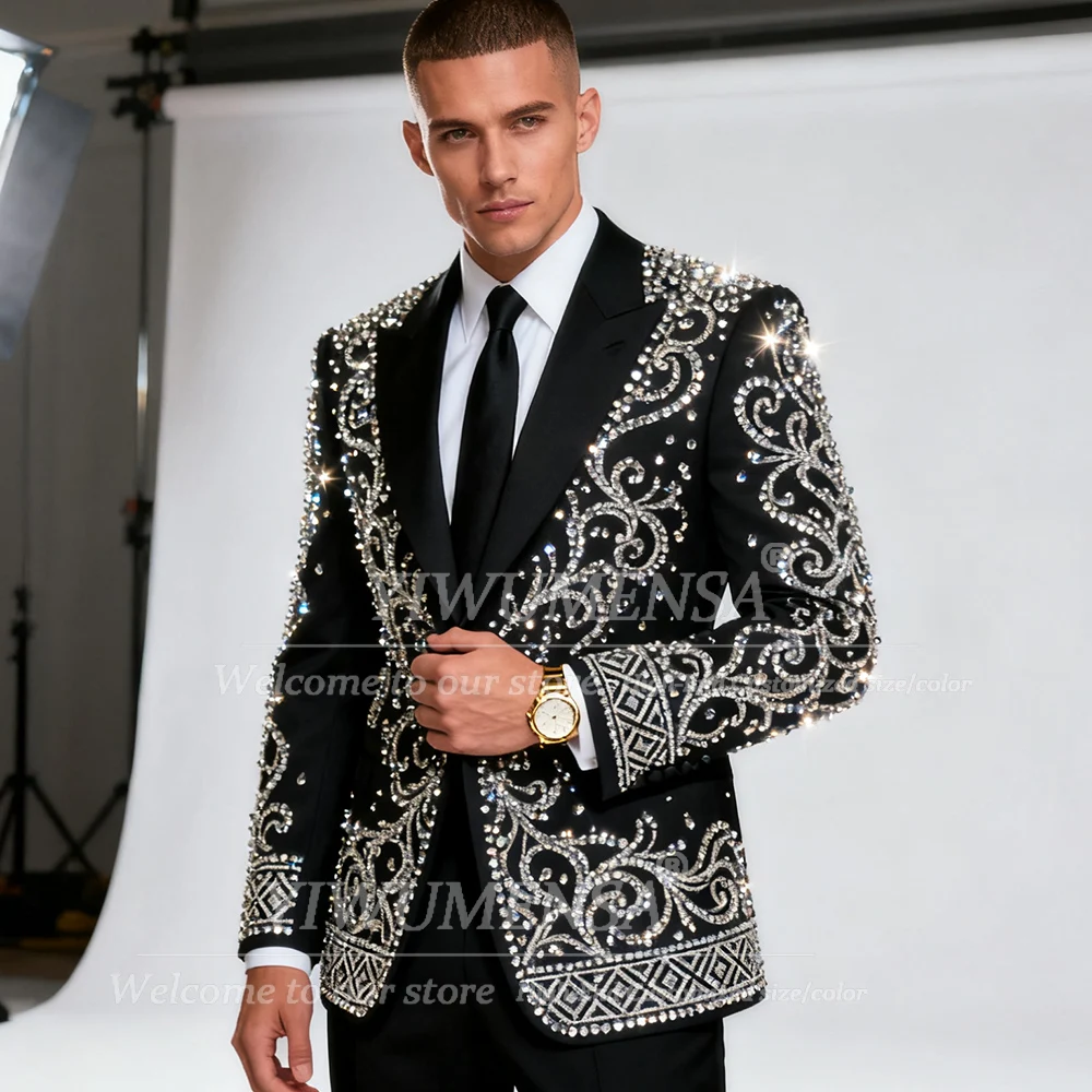 

Exclusive Design Jewelry Stones Wedding Suits For Men Beaded Prom Blazers Customized 2 Pieces Groom Tuxedos Man Banquet Clothing