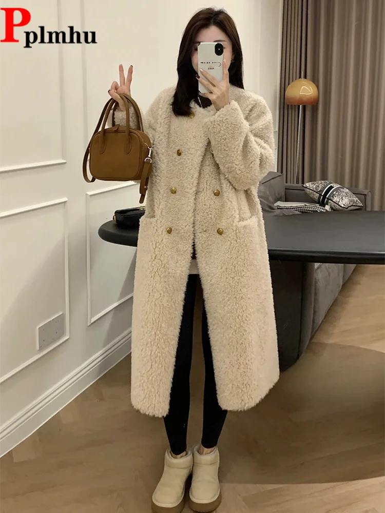 

Корейское модное пальто из овечьей шерсти с круглым вырезом, женский повседневный мешковатый кардиган Abrigos, свободный двубортный кардиган средней длины на пуговицах Casaco