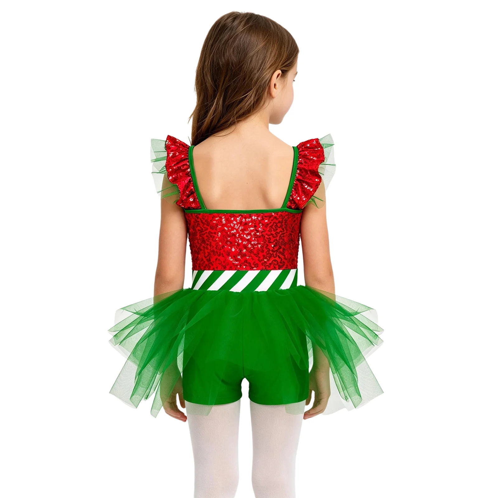 Kids Girls Christmas Candy Cane Ballet Dance Gymnastics Leotard Ruffle Sleeves Sequins Striped Tulle Bodysuit for Holiday Party