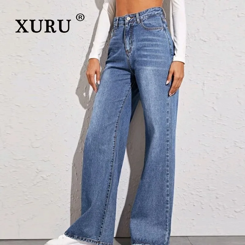 

XURU - New Women's Cat Bearded Ma Liu Loose Jeans, Y2k Clothes Street High Waist Wide Leg Blue Long Jeans