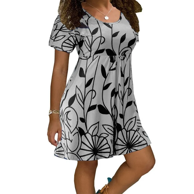 Vestido feminino casual de manga curta com decote em O, vestido estampado, roupa solta, tamanho grande, vestido de verão, streetwear agradável, novo