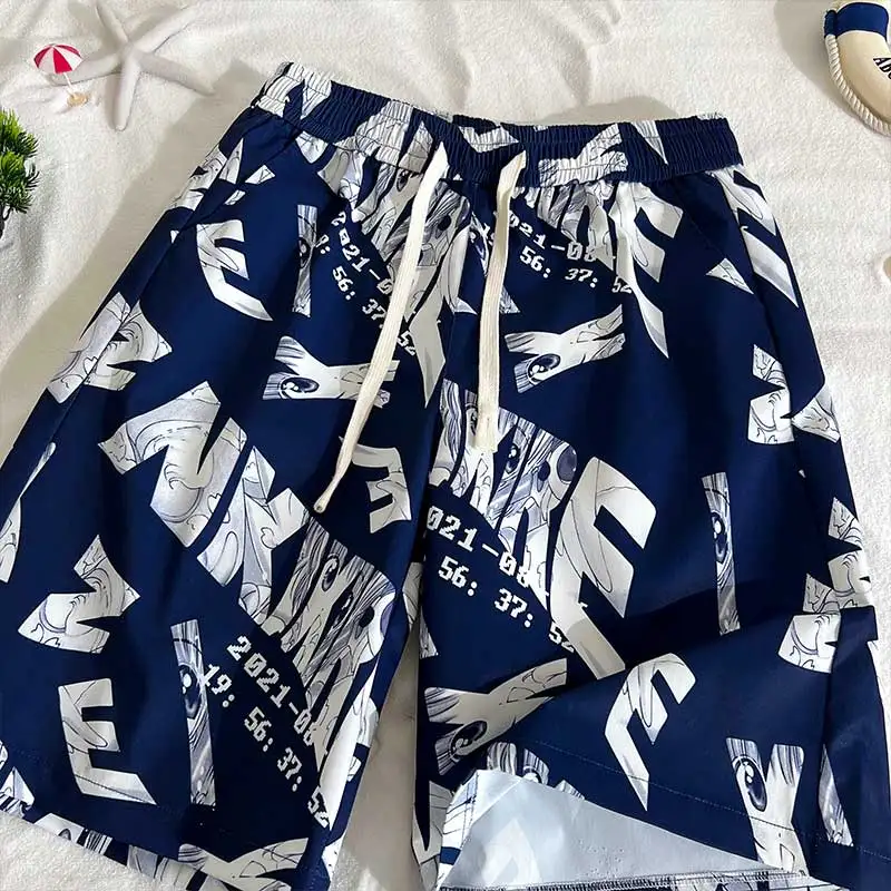 Fashion Trend Summer Thin Style Printing Men\'s Elastic Waist Drawstring Pockets Casual Sports Loose Knee Length Beach Shorts