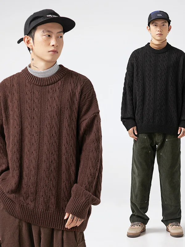

Vintage round Ne Pullover Sweater Men's Autumn Faion Pure Color Lazy Sle Knittedwear Couple's Casual Loose Fit Long Sve