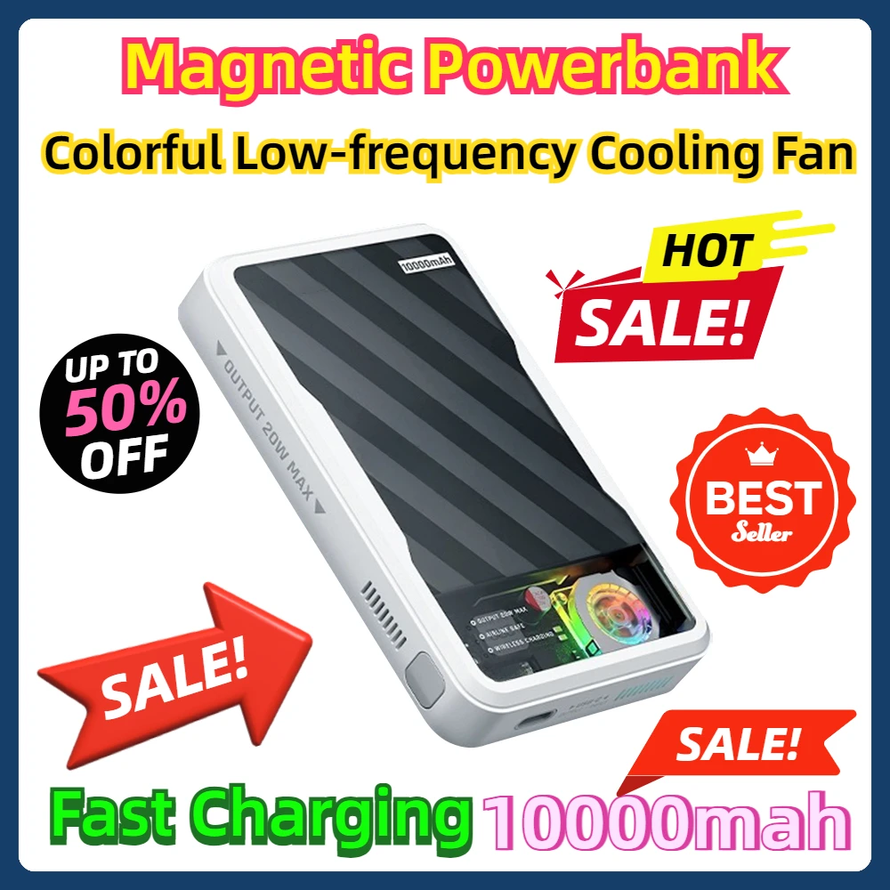 Magnetic Powerbank Colorful Low-frequency Cooling Fan Transparent Phone QI PD QC Fast Charging 20W 7.5W 10000mah