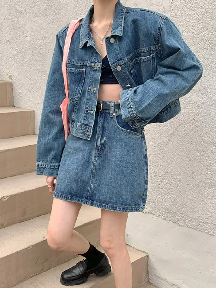 

Women Denim Jacket Sets 2023 New Spring Short Jean Jacket High Waist A-Line Mini Skirt 2Pcs Suits Spring Casual Outfits