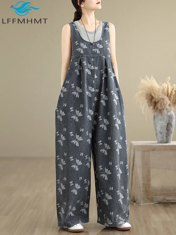 Fashion Plus Size Women Jumpsuit Summer Retro Butterfly Print Loose Casual Relax Fit Overalls Female Stylish Lantern Denim Pants