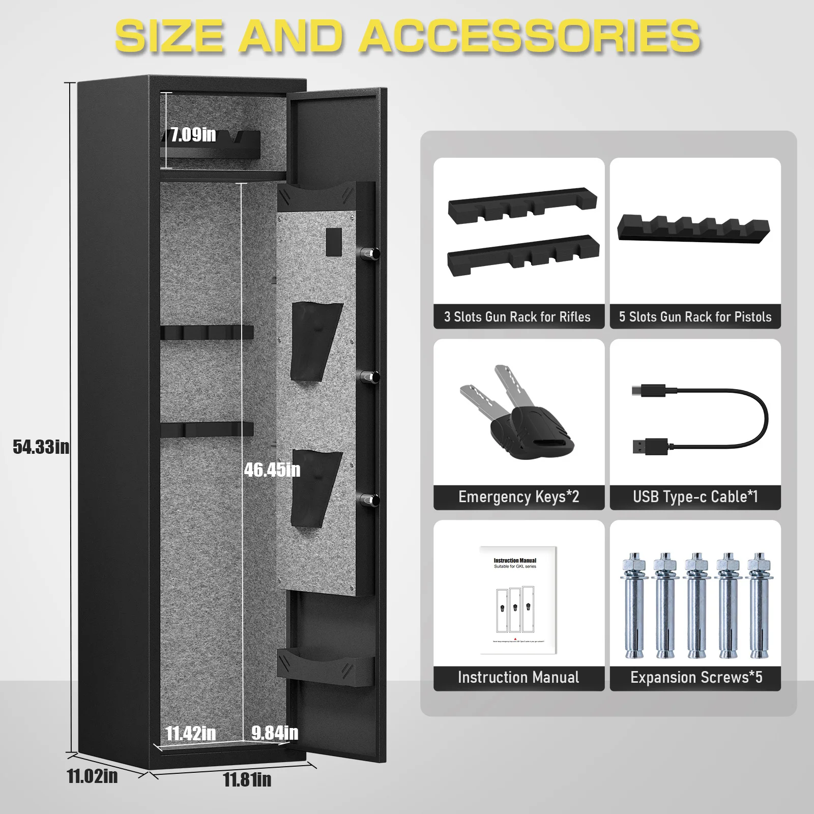 3-5 Quick Access Gun Safe with Silent Mode and Alarm System, Gun Cabinet with Removable Shelf and 2 Adjustable Gun Slots