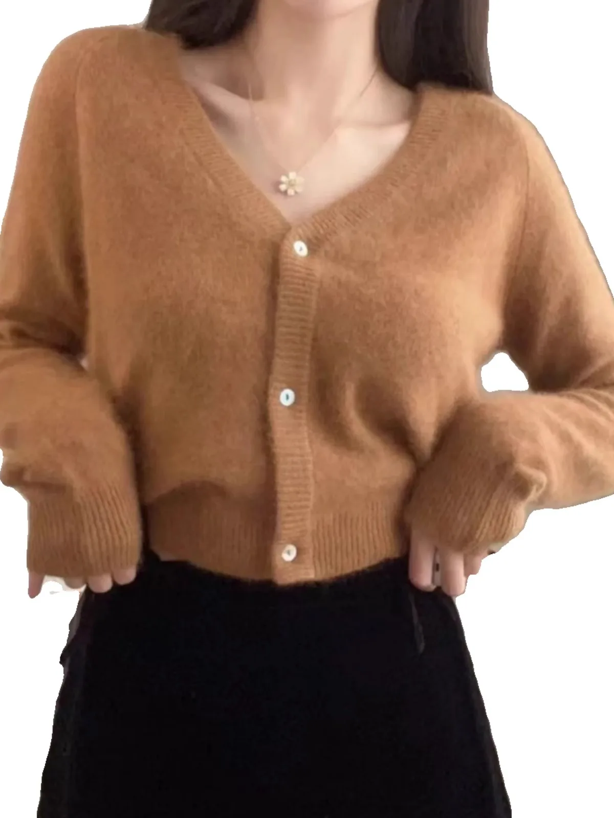 Fashion V-neck 100% pure cashmere knitted cardigan women\'s spring and autumn Korean short wool top sweater small coat