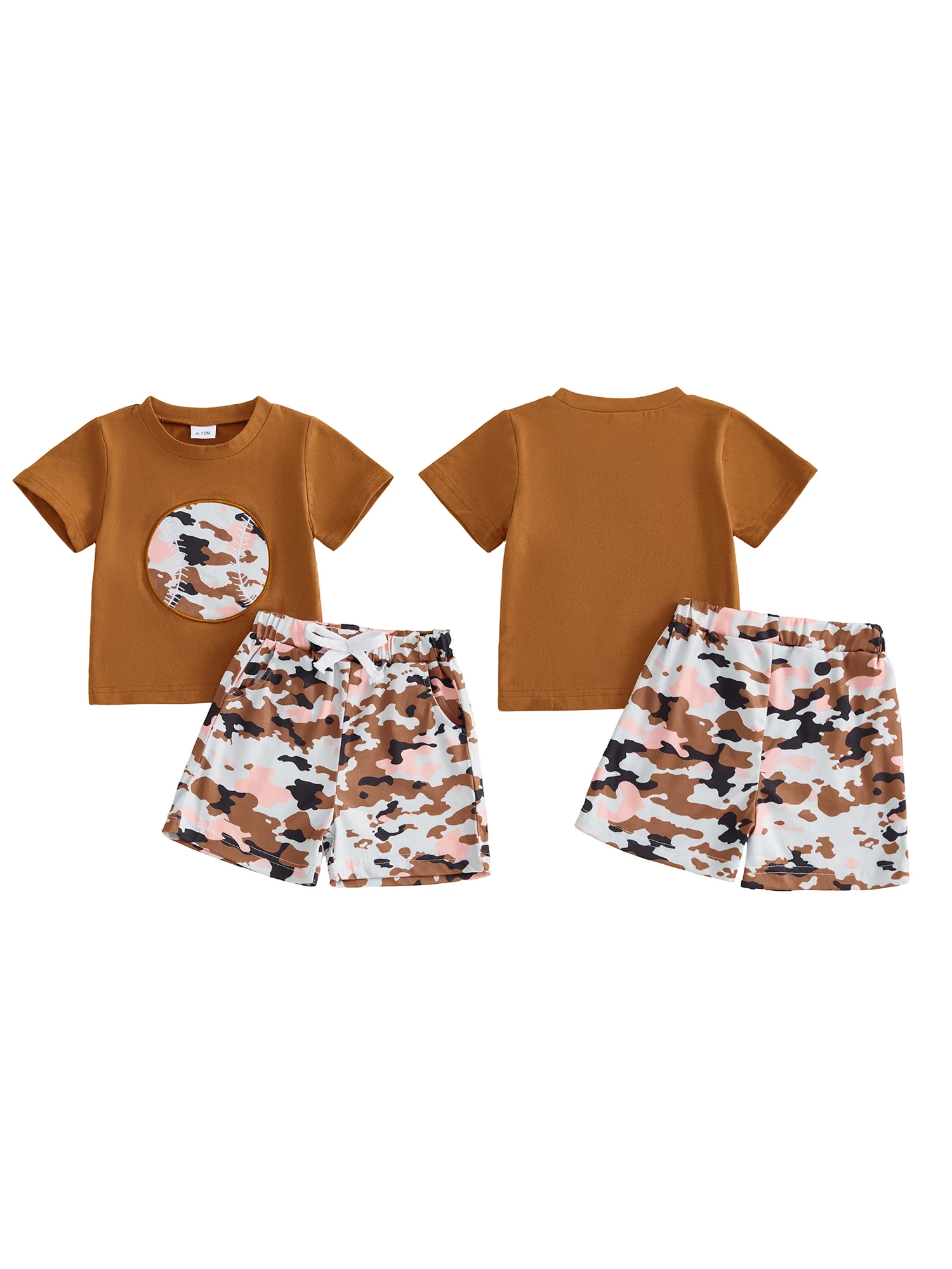 

Boys Summer Outfit Set with Short Sleeve O Neck Baseball Embroidery Top and Camouflage Shorts for a Stylish Look